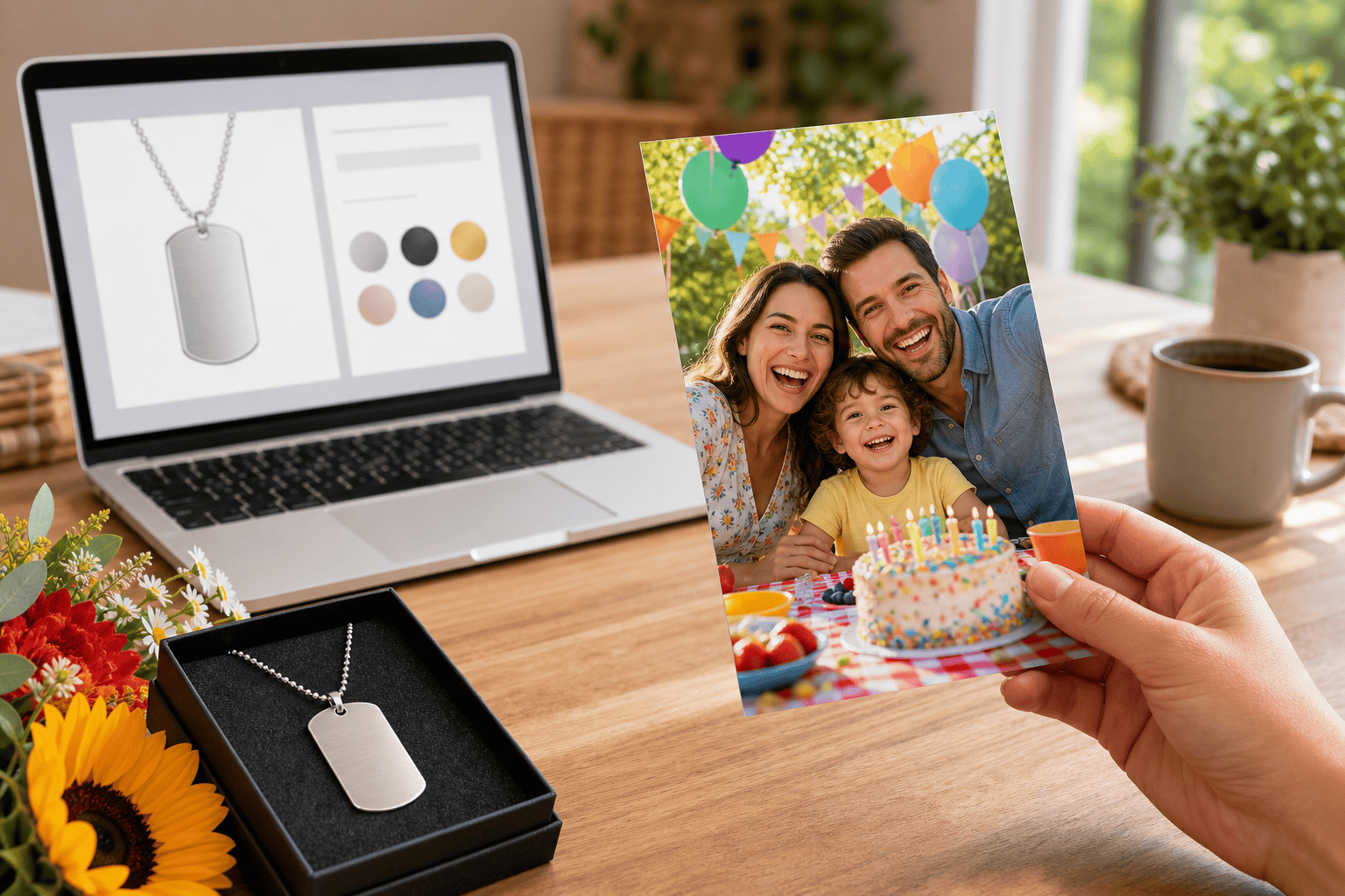 A vertical family celebration photo being selected for a personalized keepsake