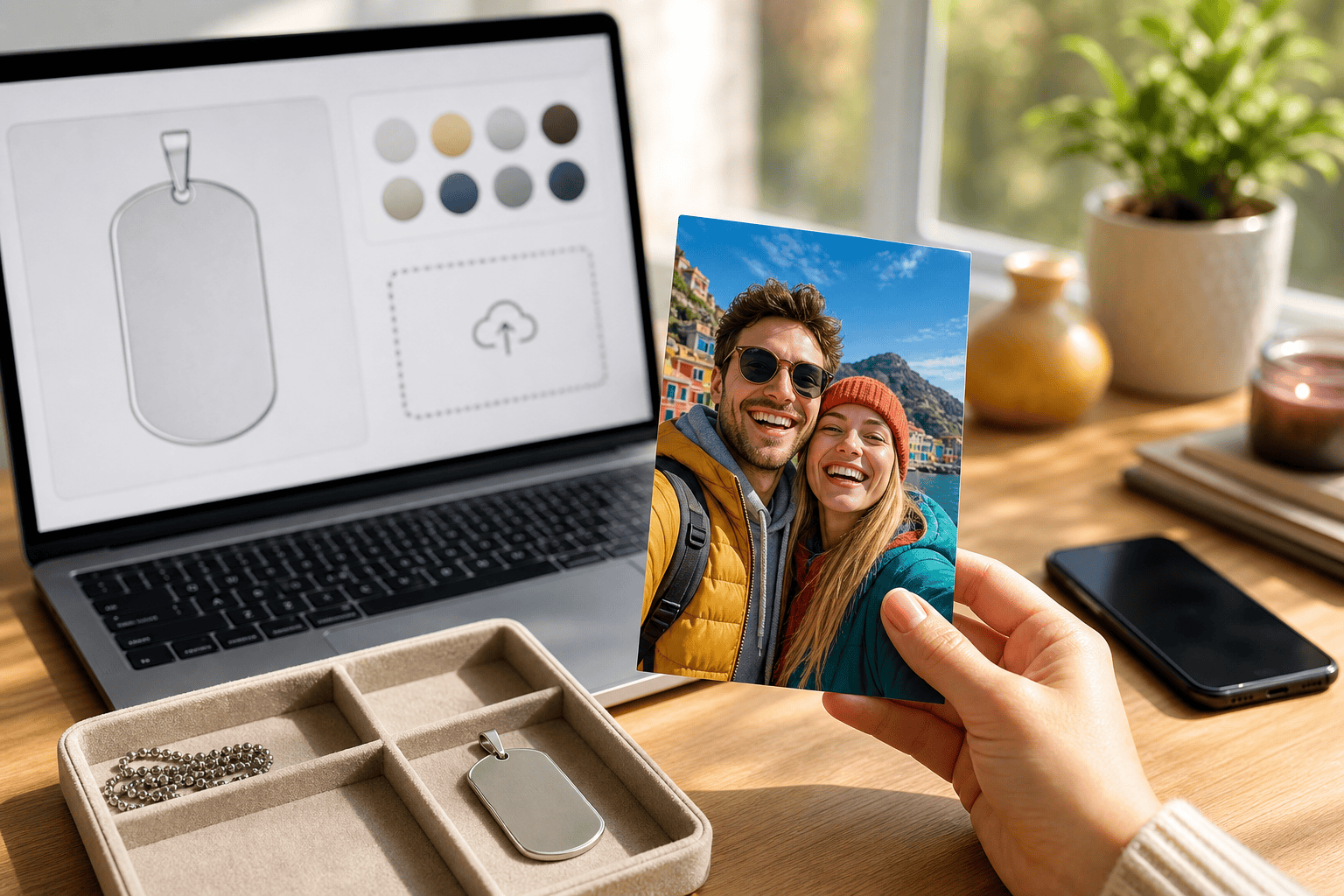 A vertical travel photo of a smiling couple being selected for a personalized keepsake