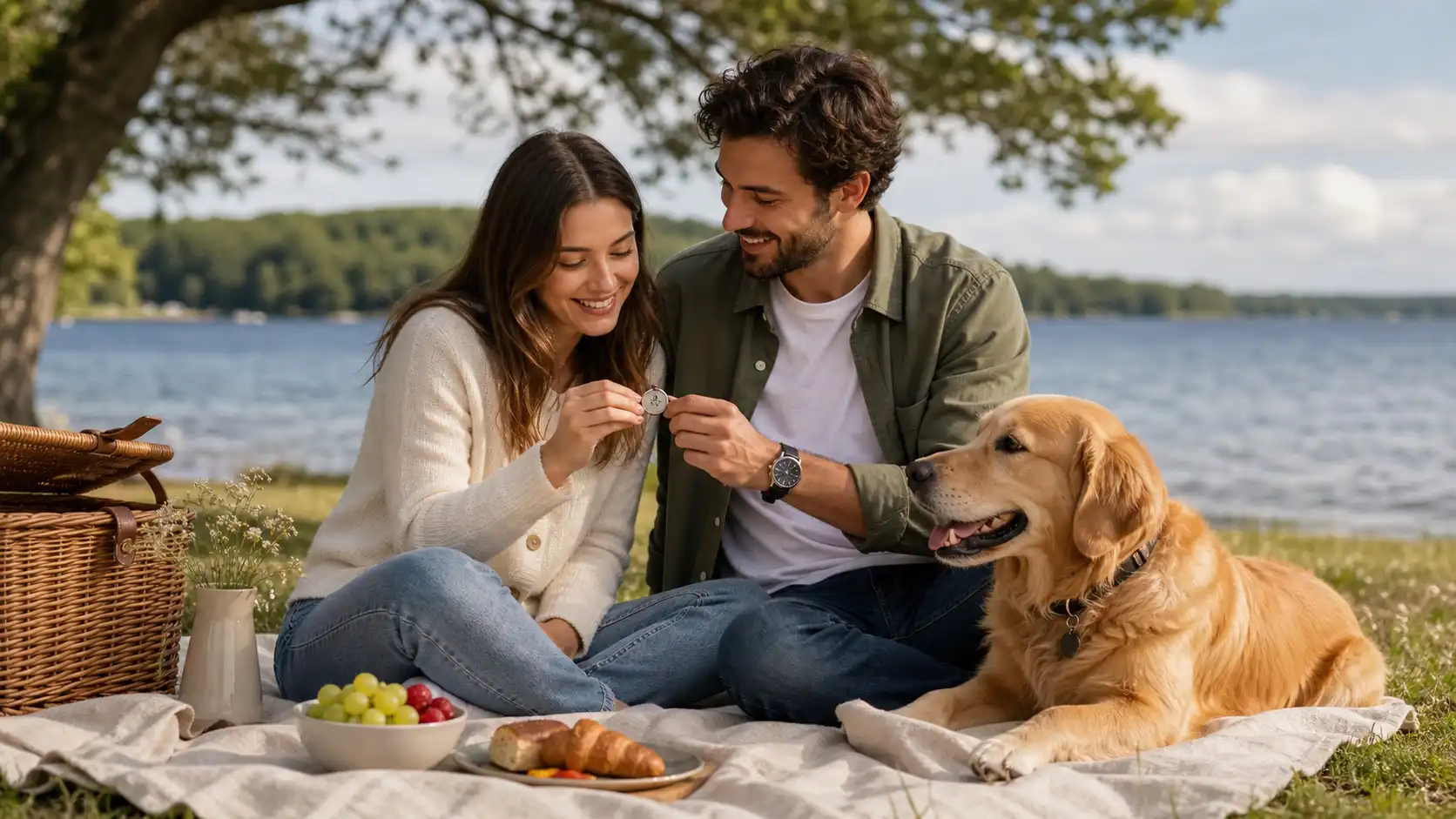 Happy couple and golden retriever sharing a personalized keepsake at a lakeside picnic